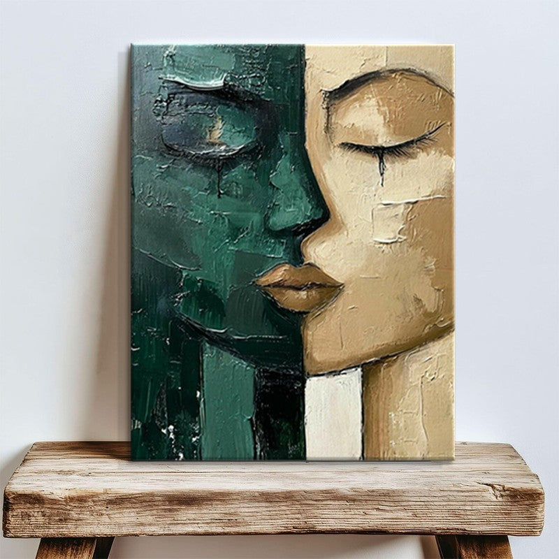 Hand-Painted Oil Painting Modern Art Picture Green And Beige Face Home Living Room Bedroom Bathroom Canvas Wall Art Decor