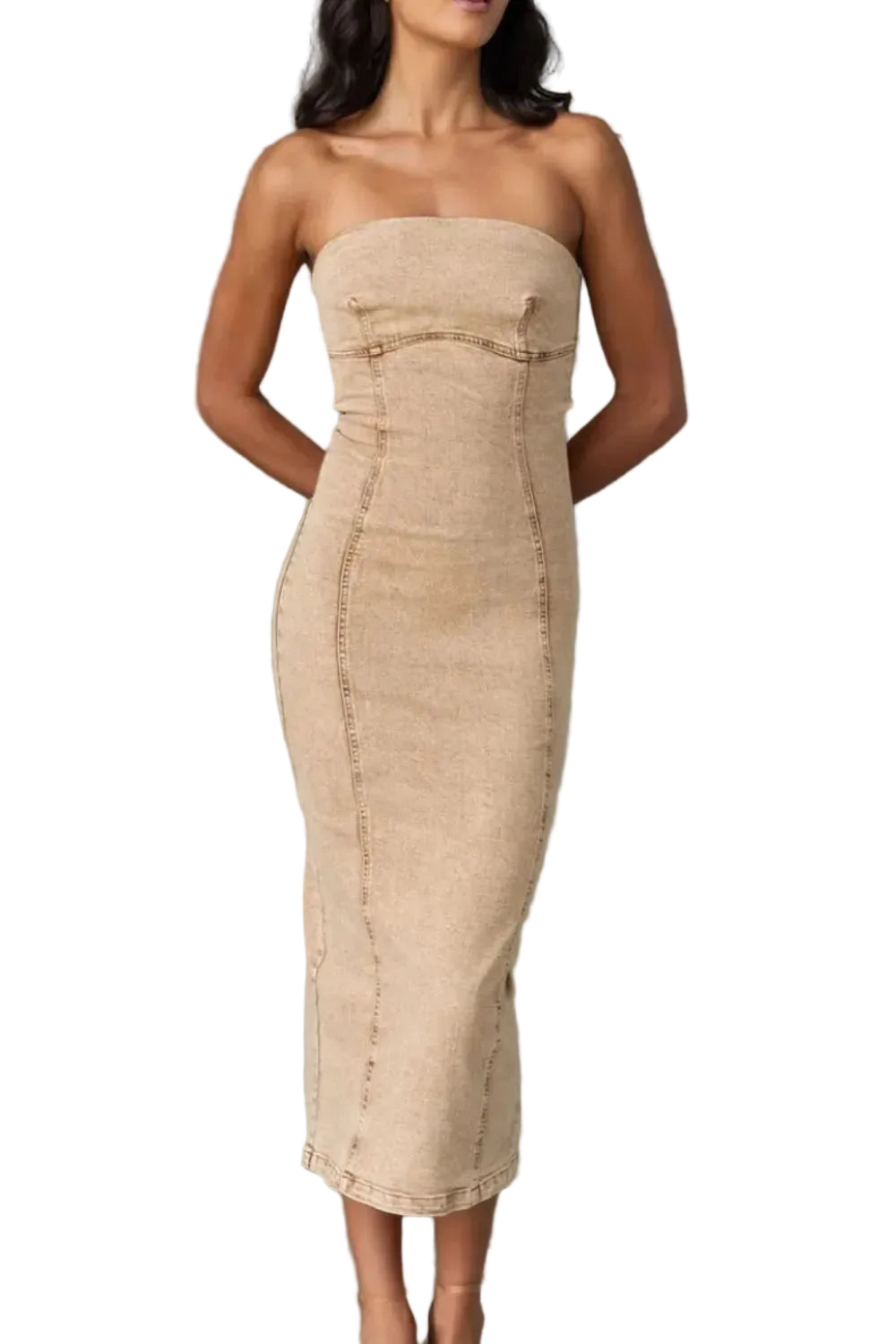 Washed Slit Back Tube Denim Dress