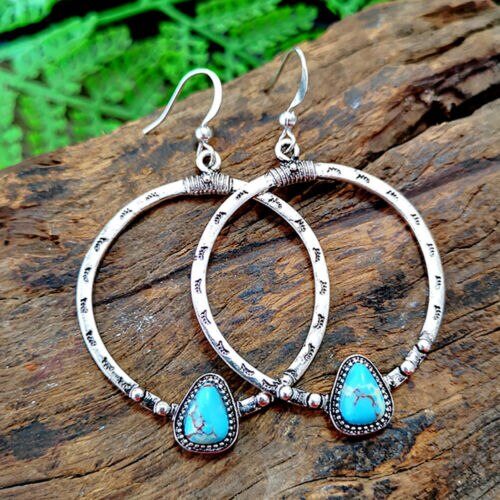 Vintage Boho 925 Silver Turquoise Hoop Earrings