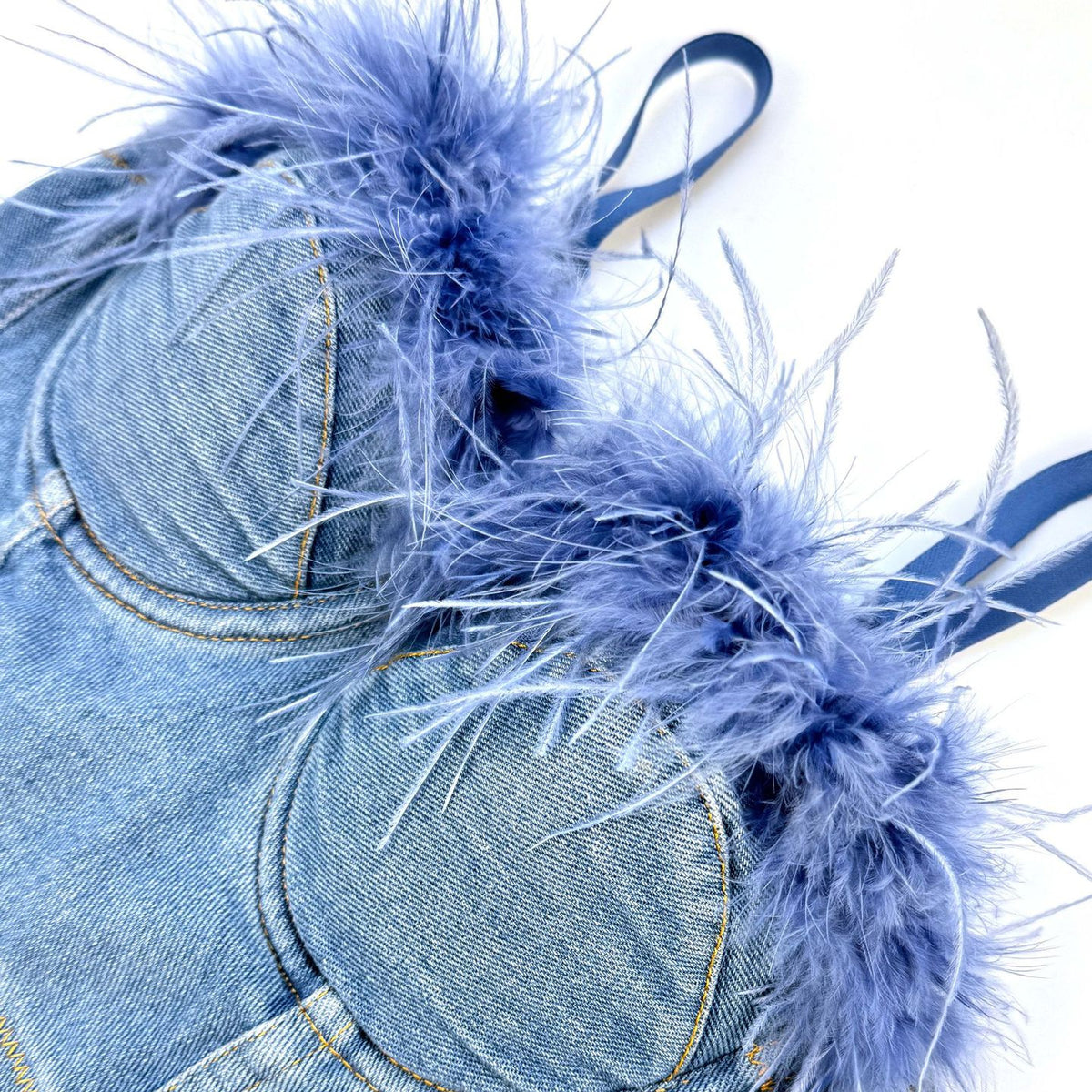 Denim Feather Trim Corset Strapless Top