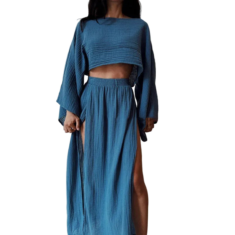 Crop Top High Waisted Slit Two-Piece Set