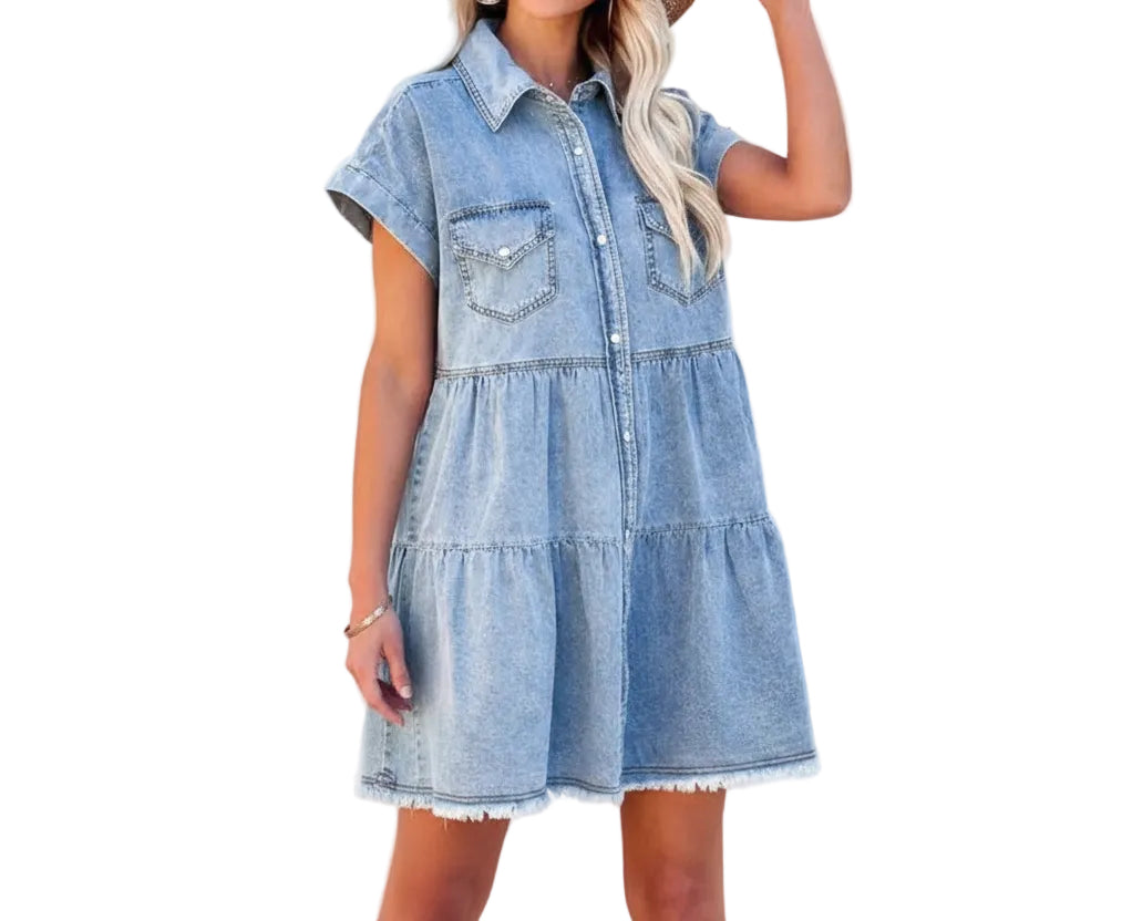 Raw Hem Short Sleeve Denim Dress