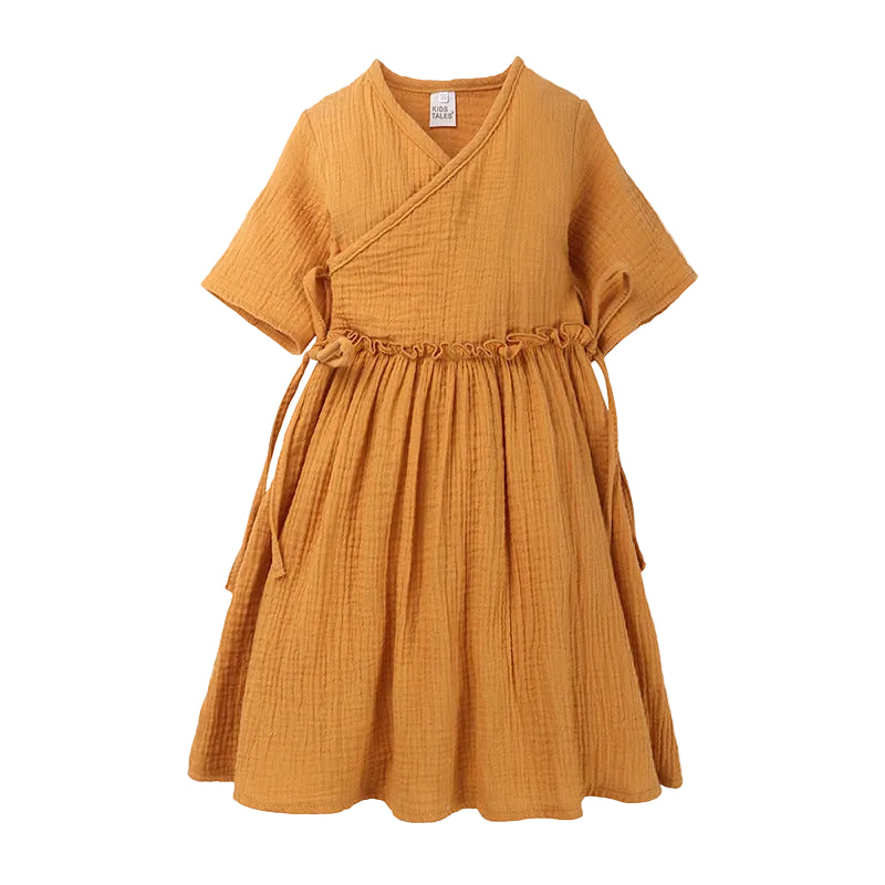 Kids' Skirt Style Cotton And Linen Lace-up Slim Dress