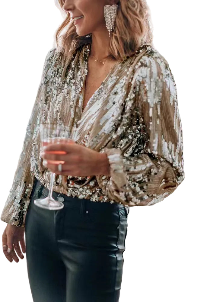 V-neck Long Sleeved Sequin Top