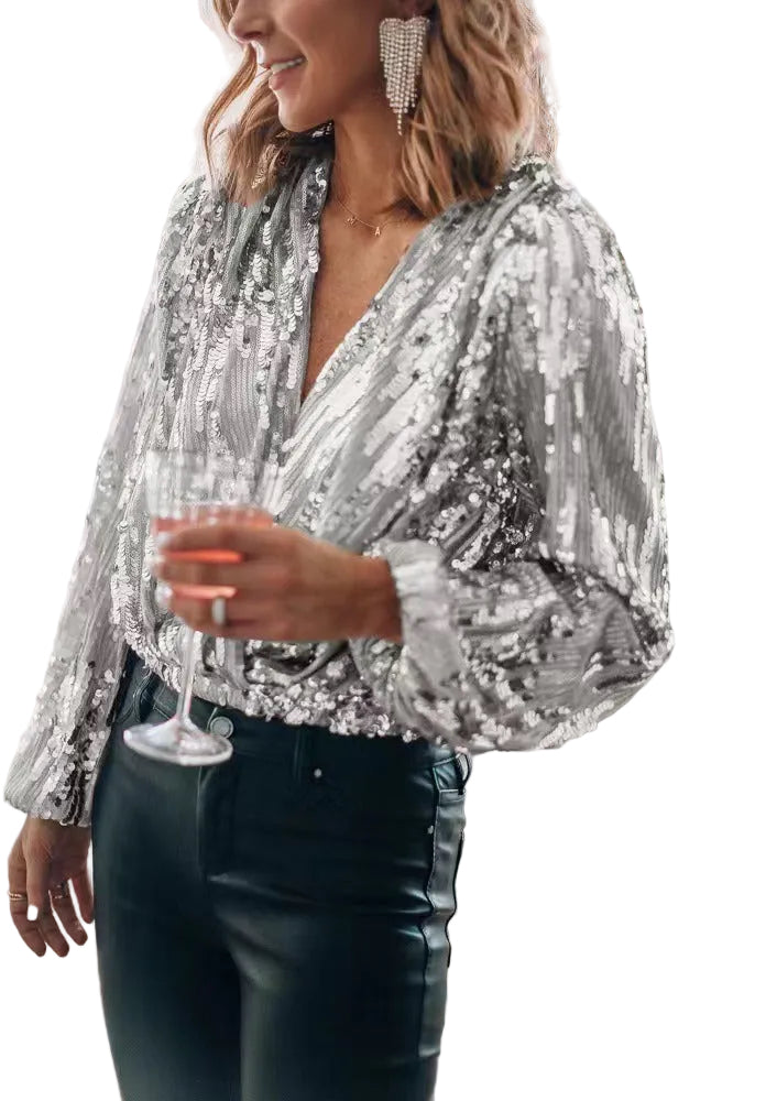V-neck Long Sleeved Sequin Top