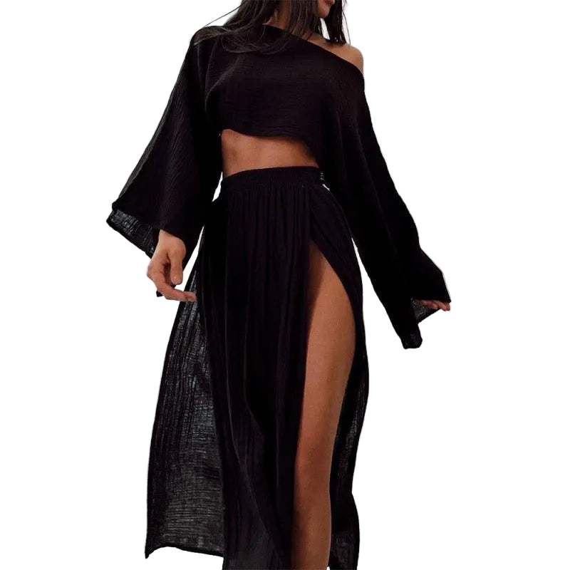 Crop Top High Waisted Slit Two-Piece Set