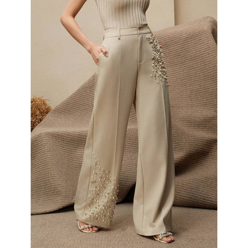 Elegant Pleated Pants For Women With A Fashionable Pearl-Embellished Pocket