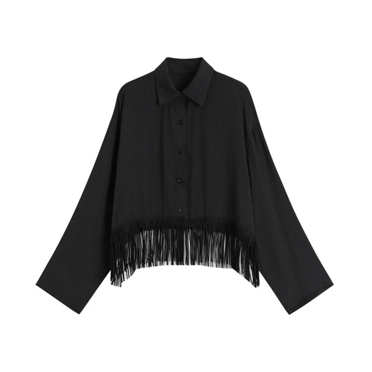 Fringed Hem Black Shirt