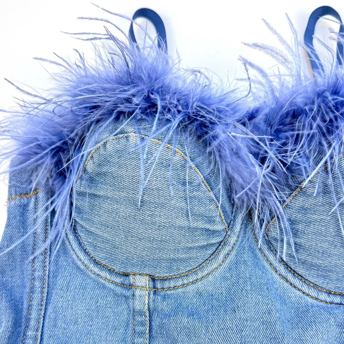Denim Feather Trim Corset Strapless Top