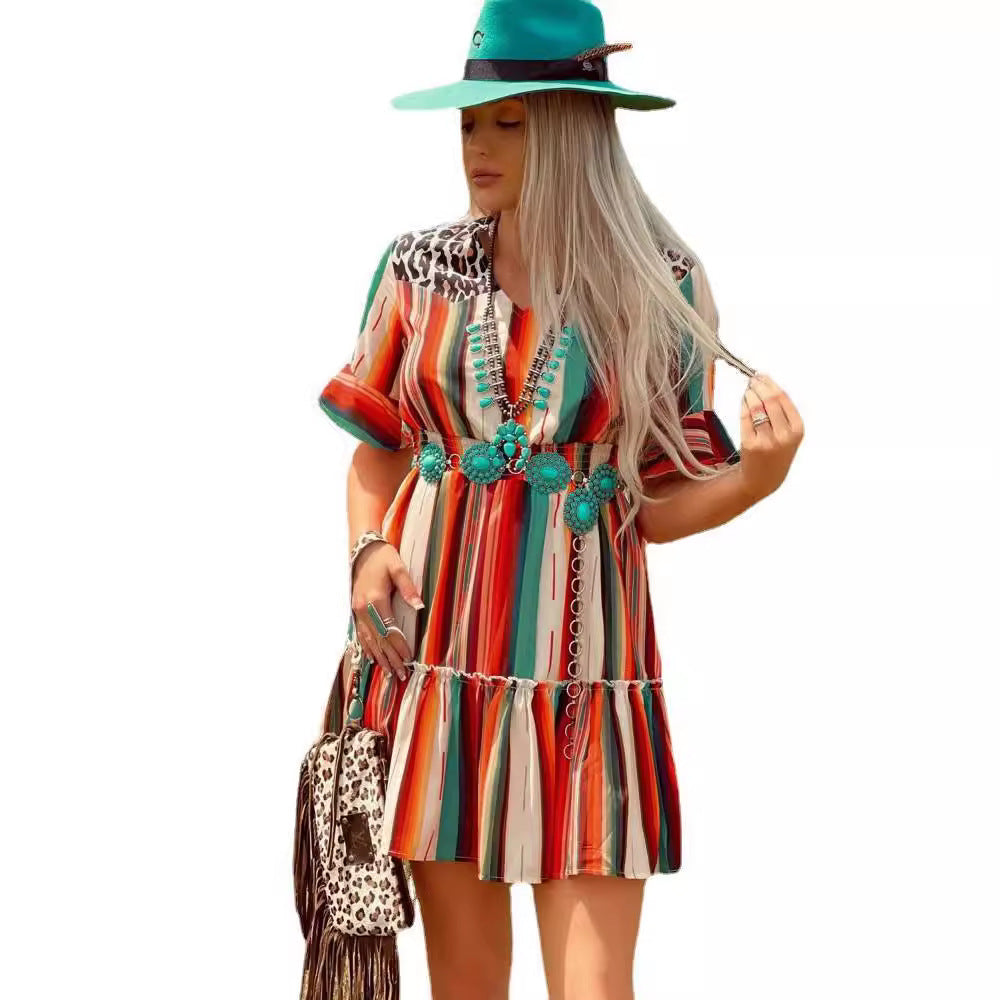 Bohemian Colorful Striped Pleated Flared Short Sleeve Dress