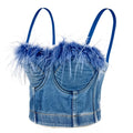 Denim Feather Trim Corset Strapless Top