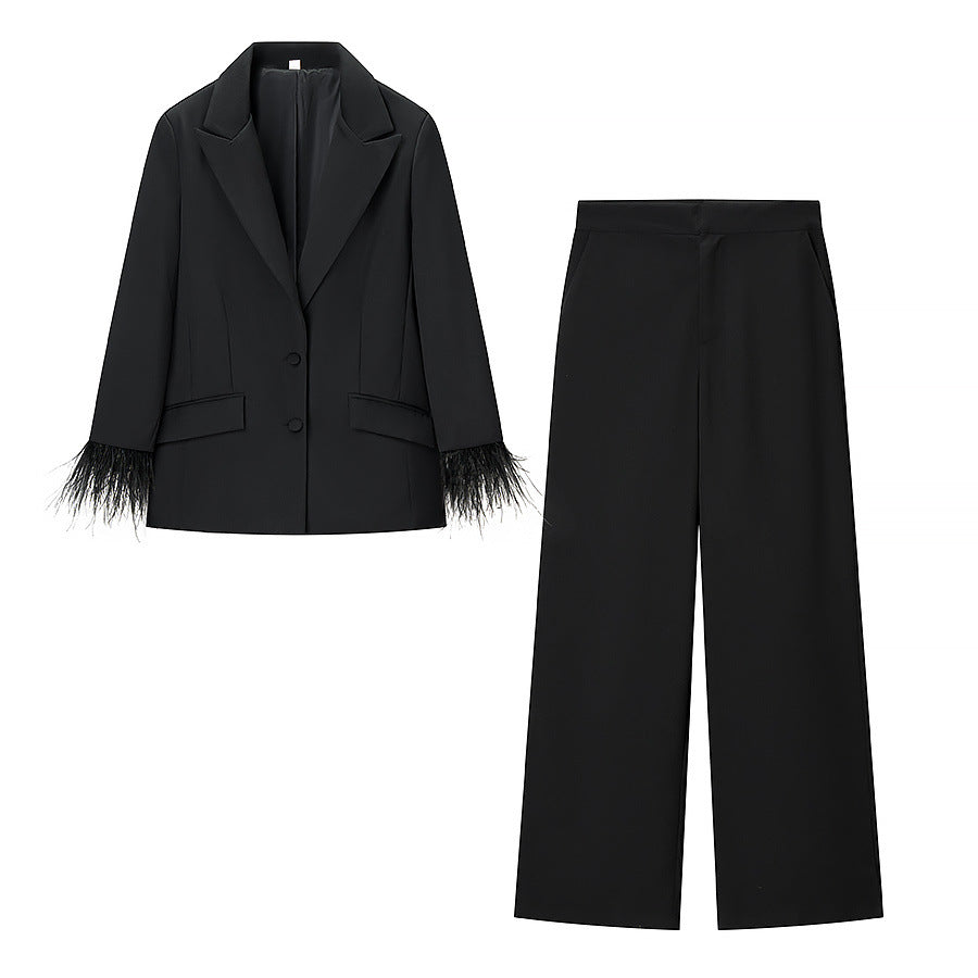 Feather cuff Blaser and High Waisted Pants Set