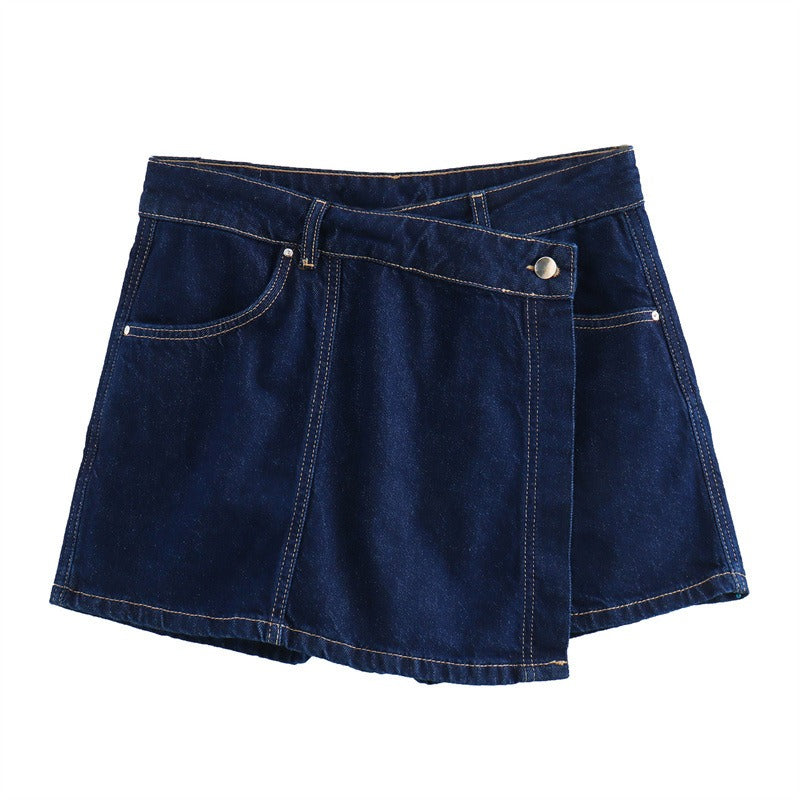 Short Denim Shirt Double Breasted Denim Skirt and Pants Set