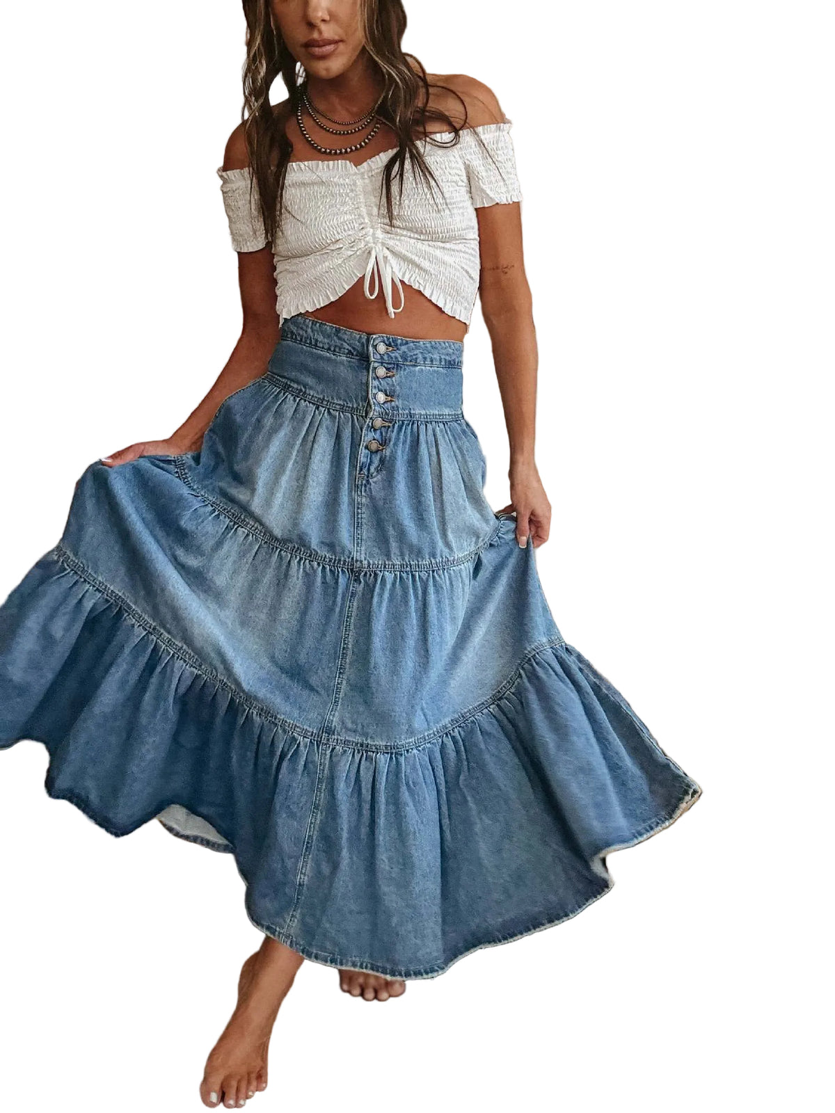 Tiered Button-Fly Denim Skirt