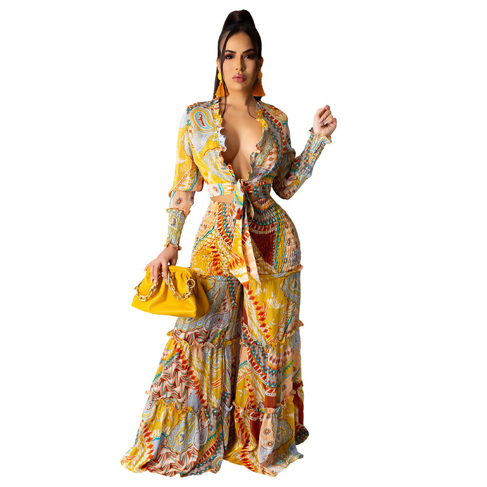 Boho Long Sleeve Wide Leg Irregular Suit
