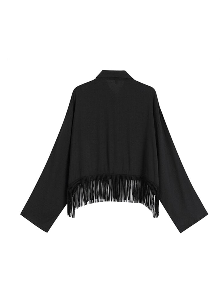 Fringed Hem Black Shirt