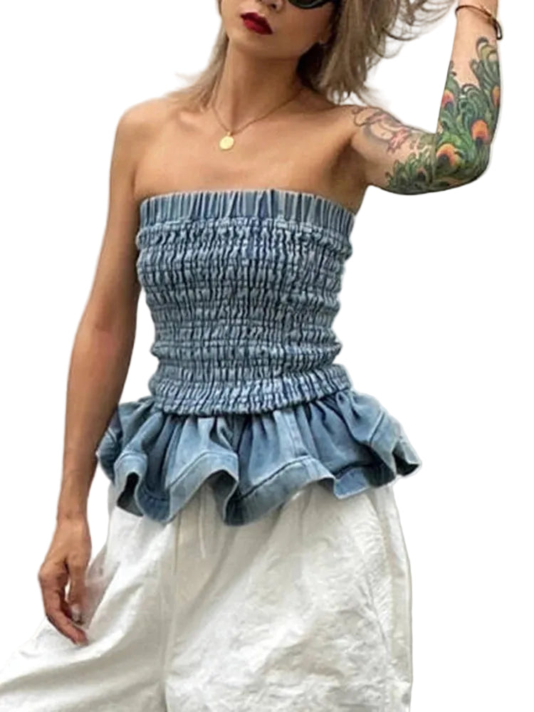 Ruffled Denim Boob Tube