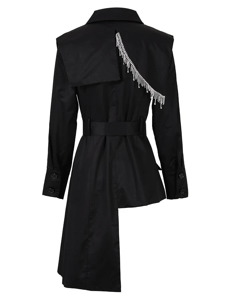 Sash Rhinestone Tassel Irregular Trench Coat