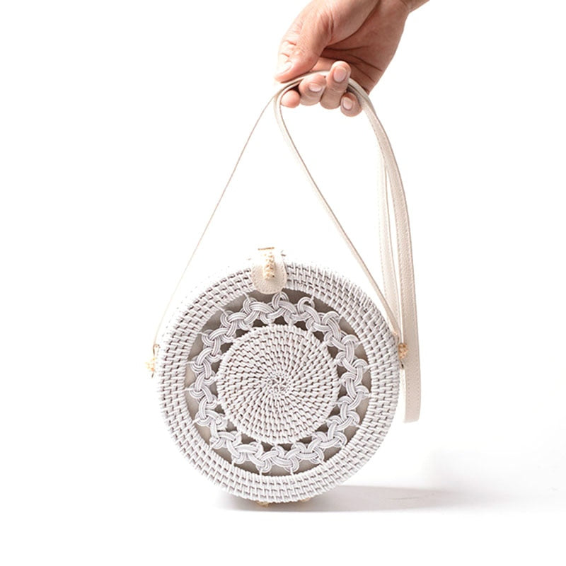 White Round Rattan Bag