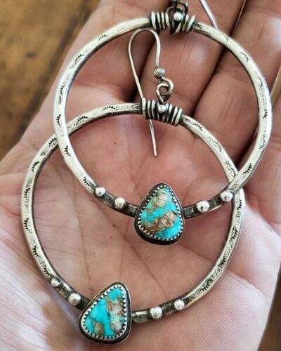 Vintage Boho 925 Silver Turquoise Hoop Earrings