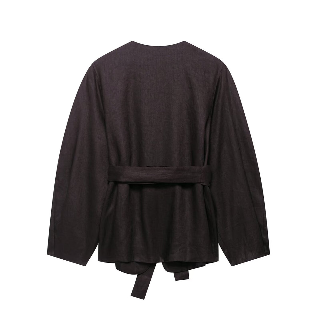Women's Linen Waist Belt Kimono-style Outerwear + Linen Balloon Pants