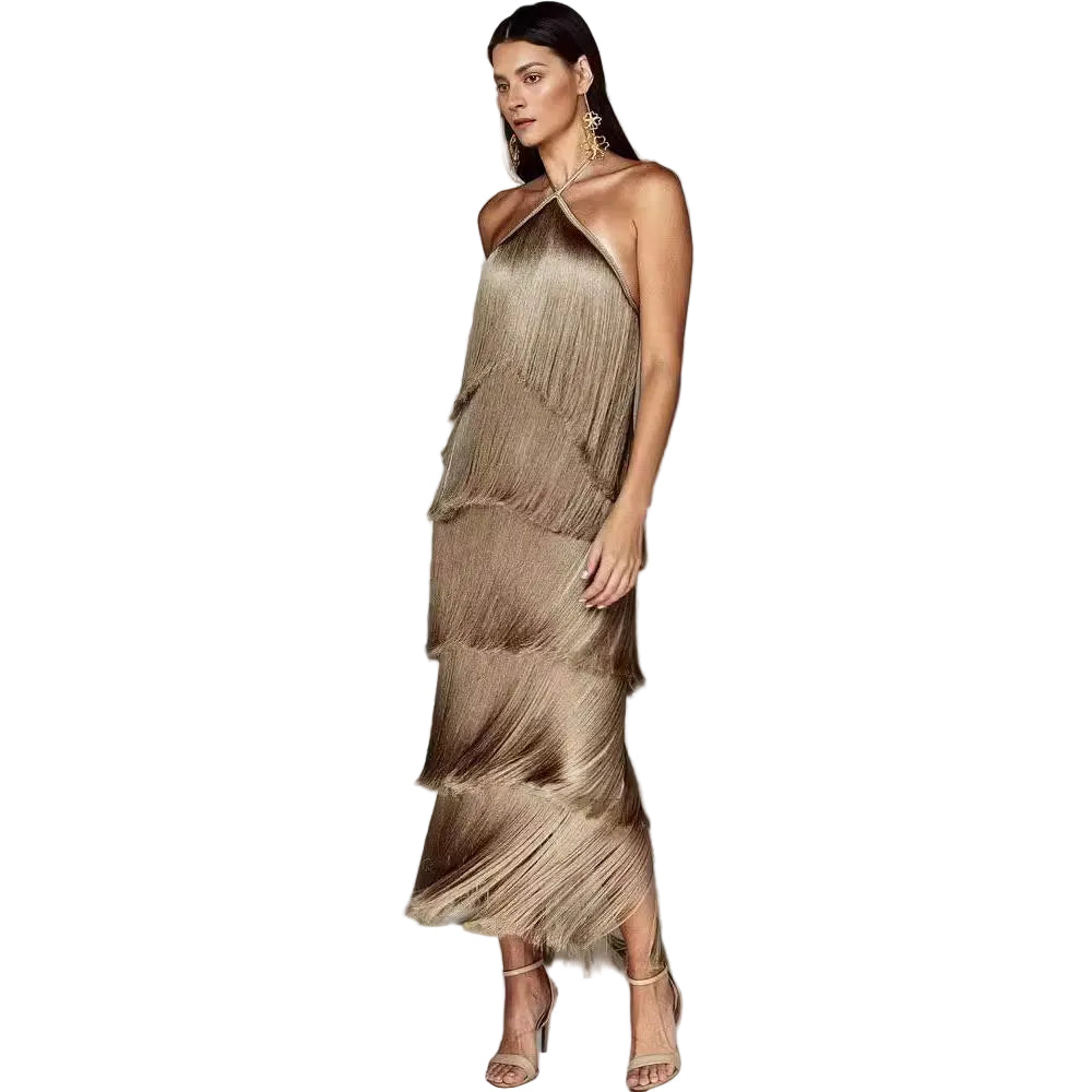 Halter Tassel Backless Slit in Dress