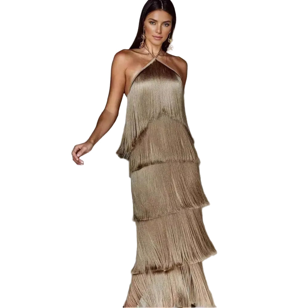 Halter Tassel Backless Slit in Dress