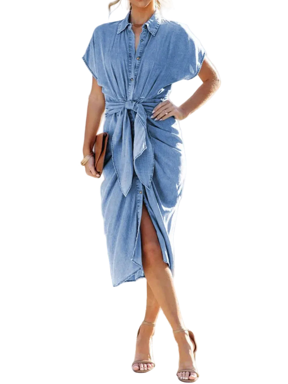 Tied Button Up Short Sleeve Denim Dress