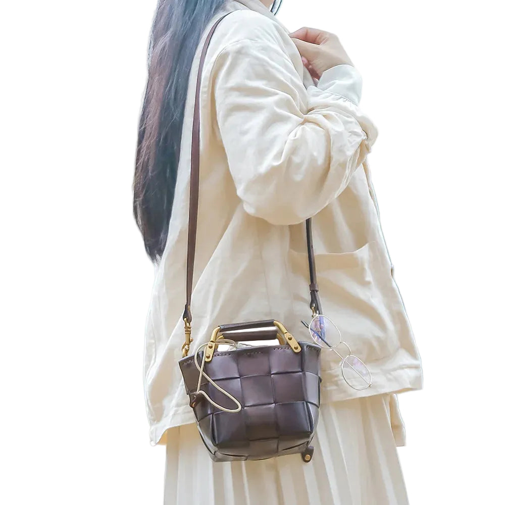 Mini Calf Skin Leather Woven Clutches Basket Bag