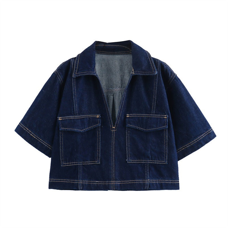 Short Denim Shirt Double Breasted Denim Skirt and Pants Set