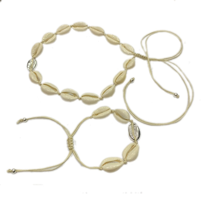 Natural Shell gold cowrie necklace bracelet set