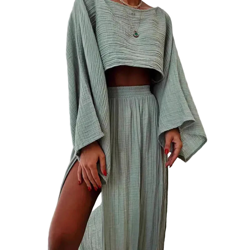 Crop Top High Waisted Slit Two-Piece Set