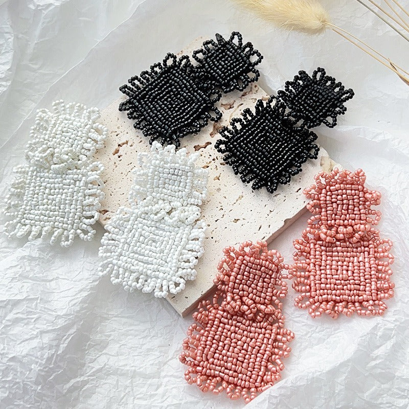 Rounded square hand woven rice bead earrings