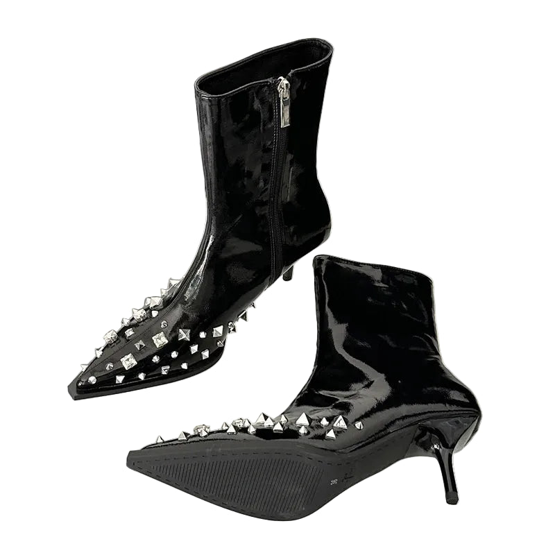 Chain Rivet Zipper Kitten Heel Boots