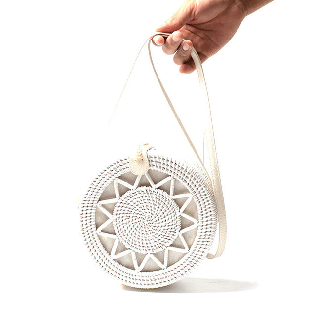 White Round Rattan Bag
