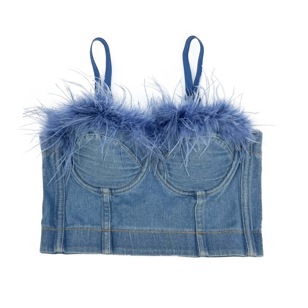 Denim Feather Trim Corset Strapless Top