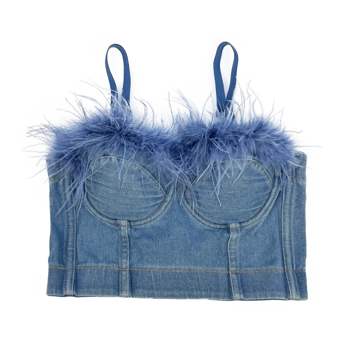 Denim Feather Trim Corset Strapless Top