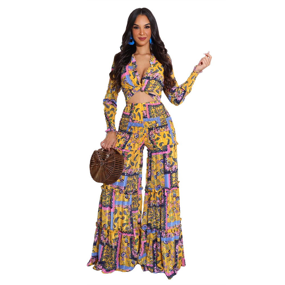 Boho Long Sleeve Wide Leg Irregular Suit