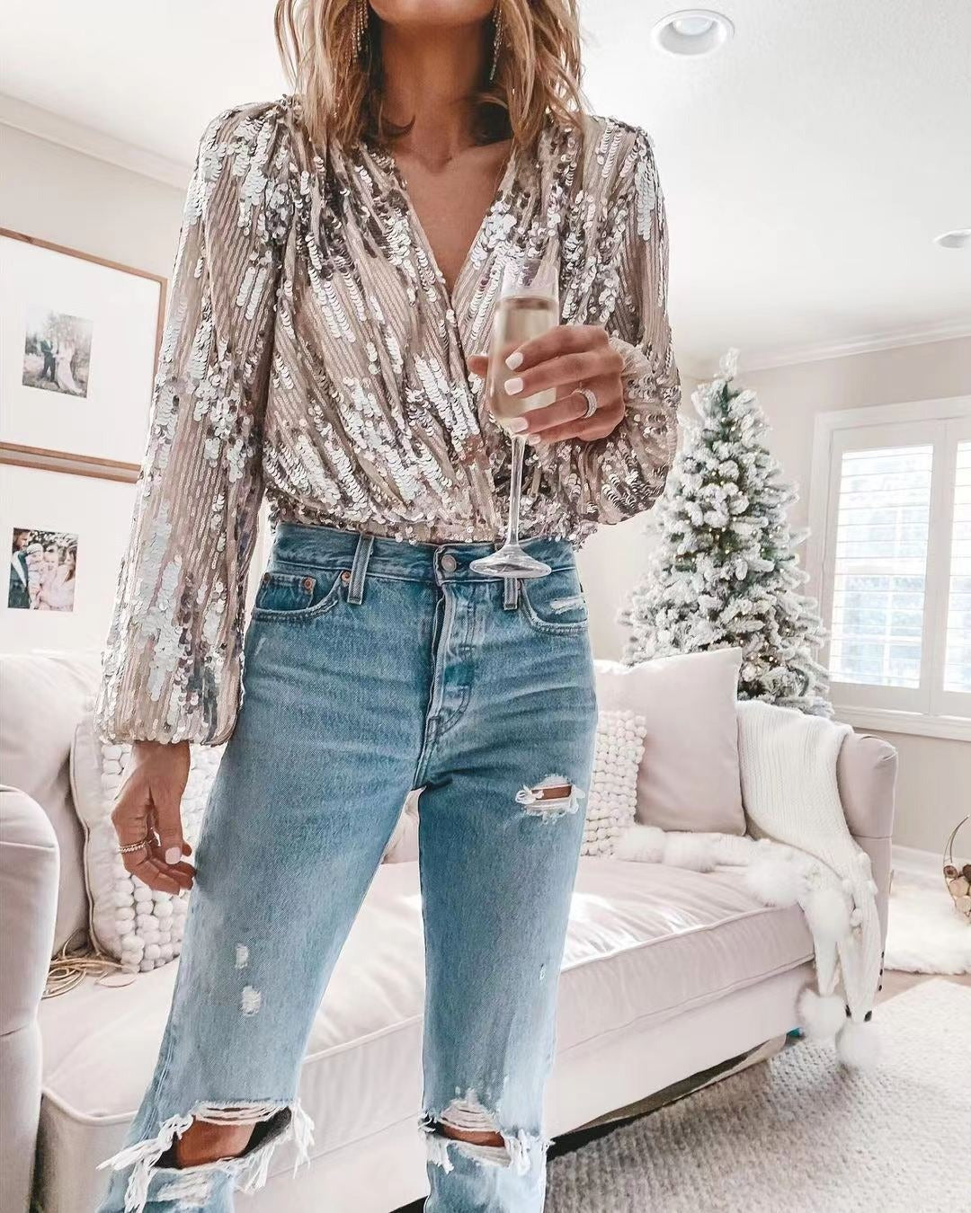 V-neck Long Sleeved Sequin Top