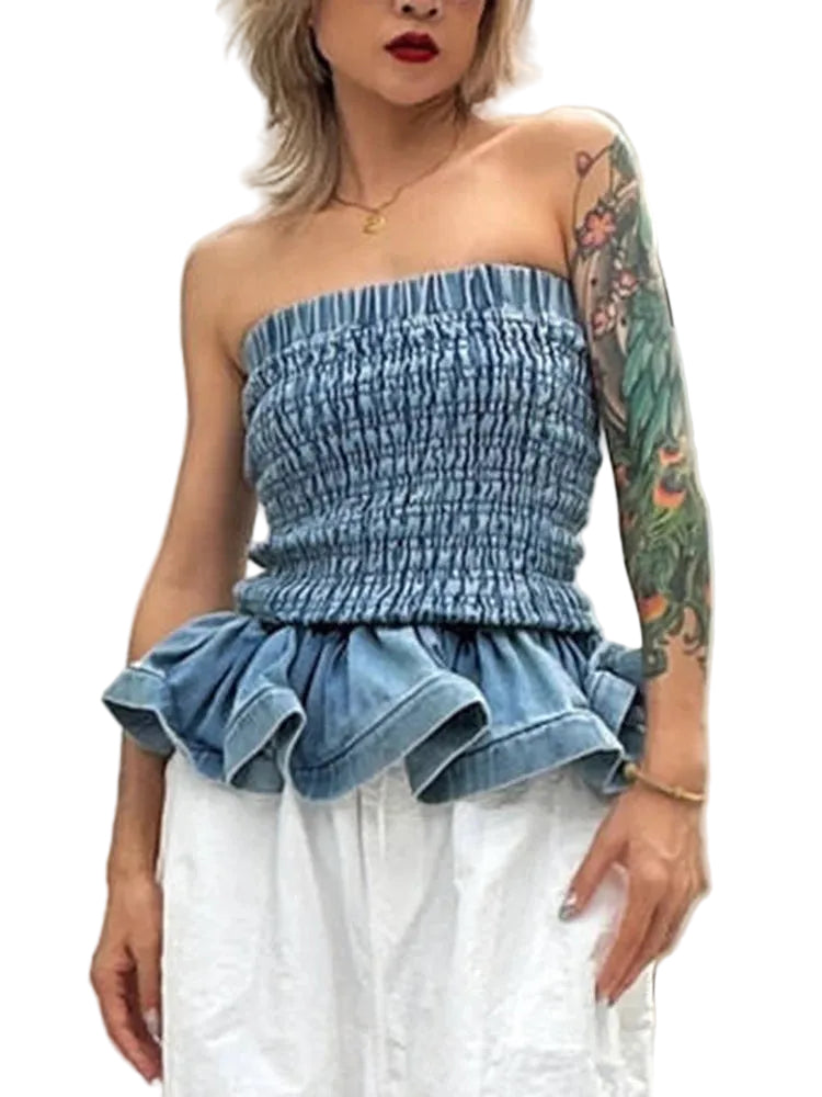 Ruffled Denim Boob Tube