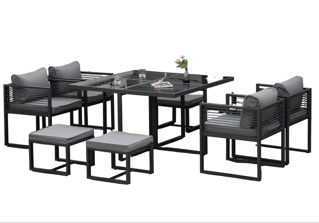 Nine-Piece Garden Set, With Glass-Top Table - Grey