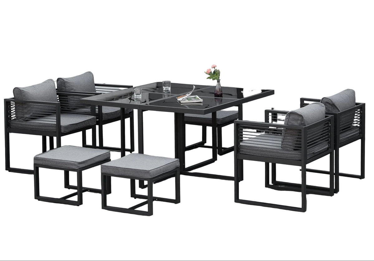 Nine-Piece Garden Set, With Glass-Top Table - Grey