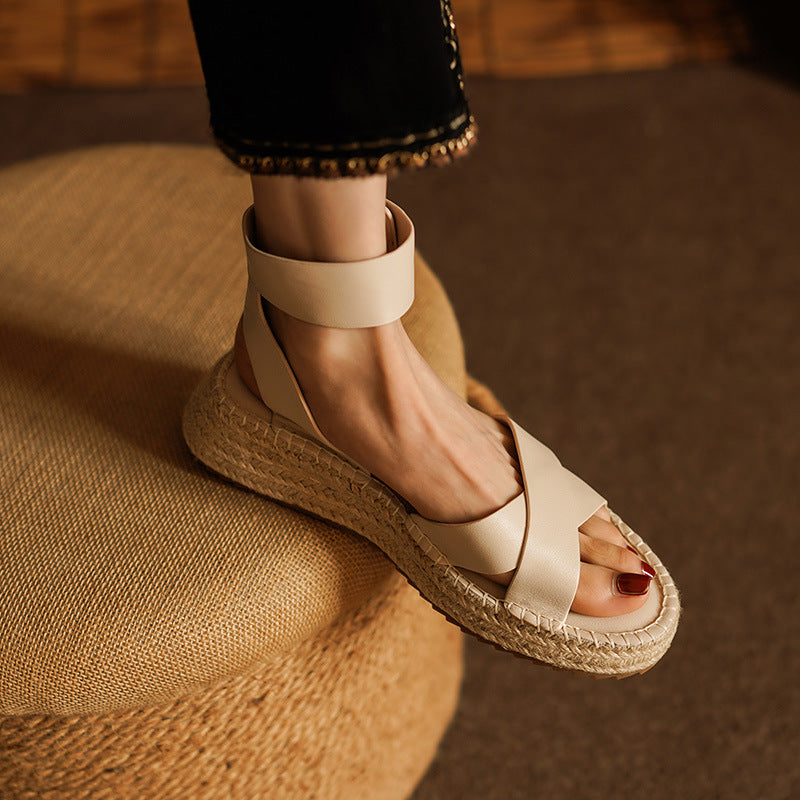 Womens All-leather Braided Vintage Flat Sandals With A Wedge Heel