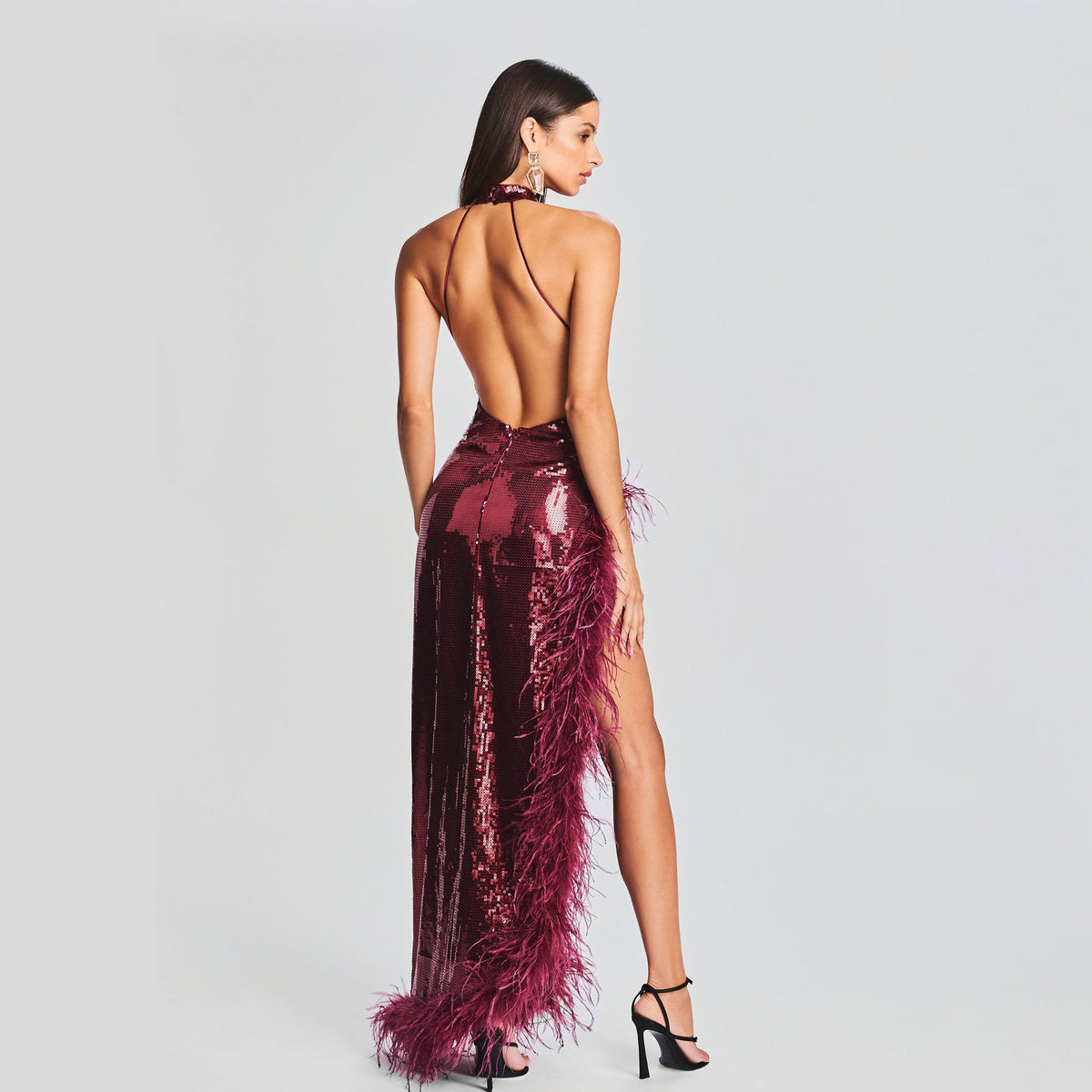 Feather Wine Red Sequined Halter Dress