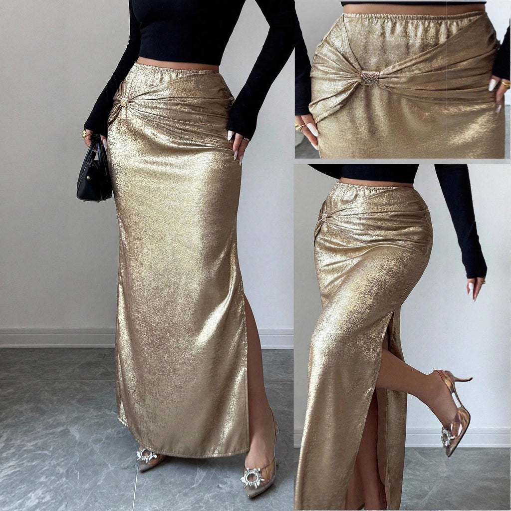 Women's Metal-Embellished Pleated Bodycon Skirt