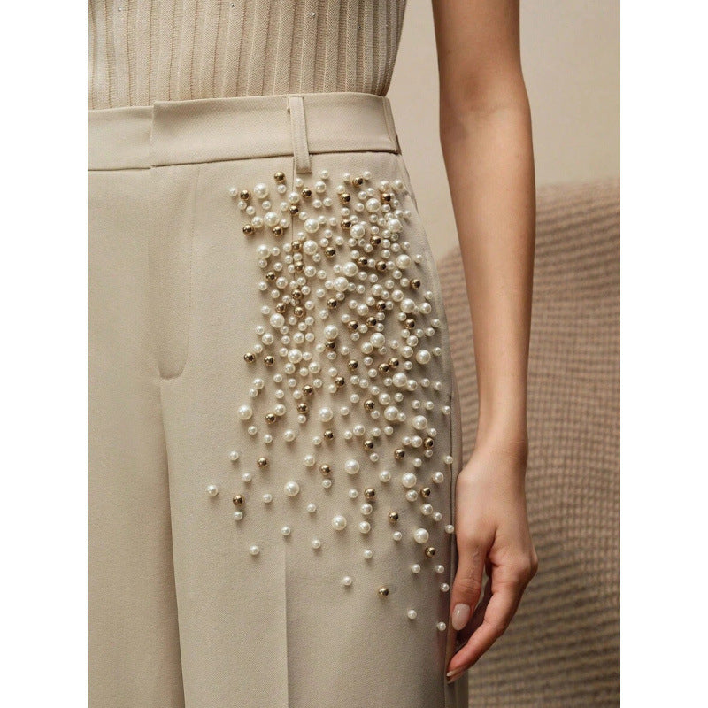 Elegant Pleated Pants For Women With A Fashionable Pearl-Embellished Pocket