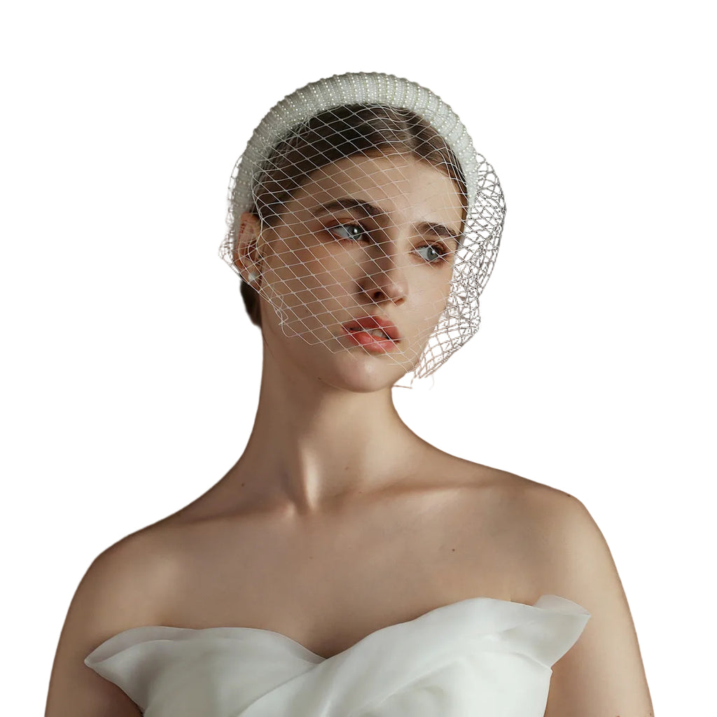 White Vintage Beaded Large Meshed Net Mesh Headband