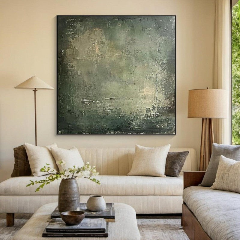 Large Geometric Abstract Painting Green Beige  Minimalist Wabi-Sabi Wall Art Green Canvas Wall Art Modern Green Wall Decor