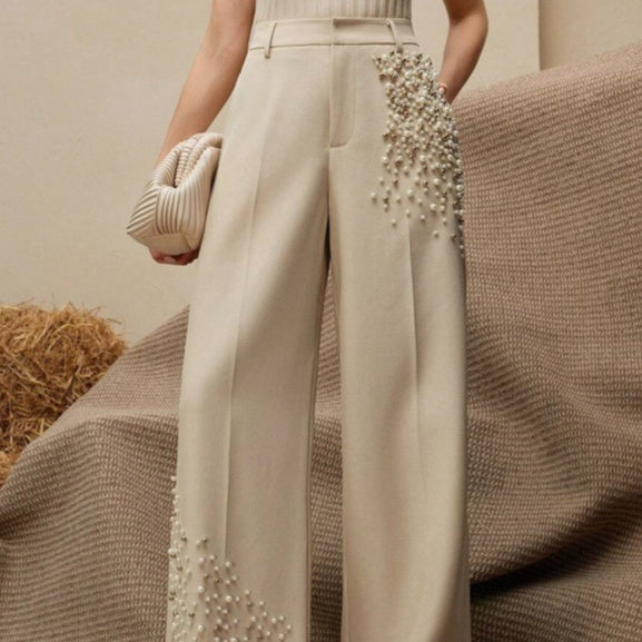 Elegant Pleated Pants For Women With A Fashionable Pearl-Embellished Pocket