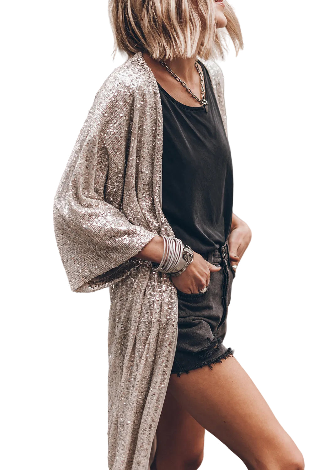Sequin 3/4 Sleeve Duster Kimono